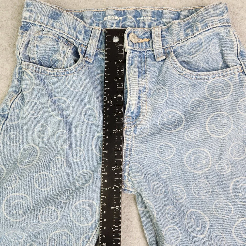 Old Navy Jeans Girls 10 Blue Smiley Face High Rise Built-In Tough Baggy Wide Leg